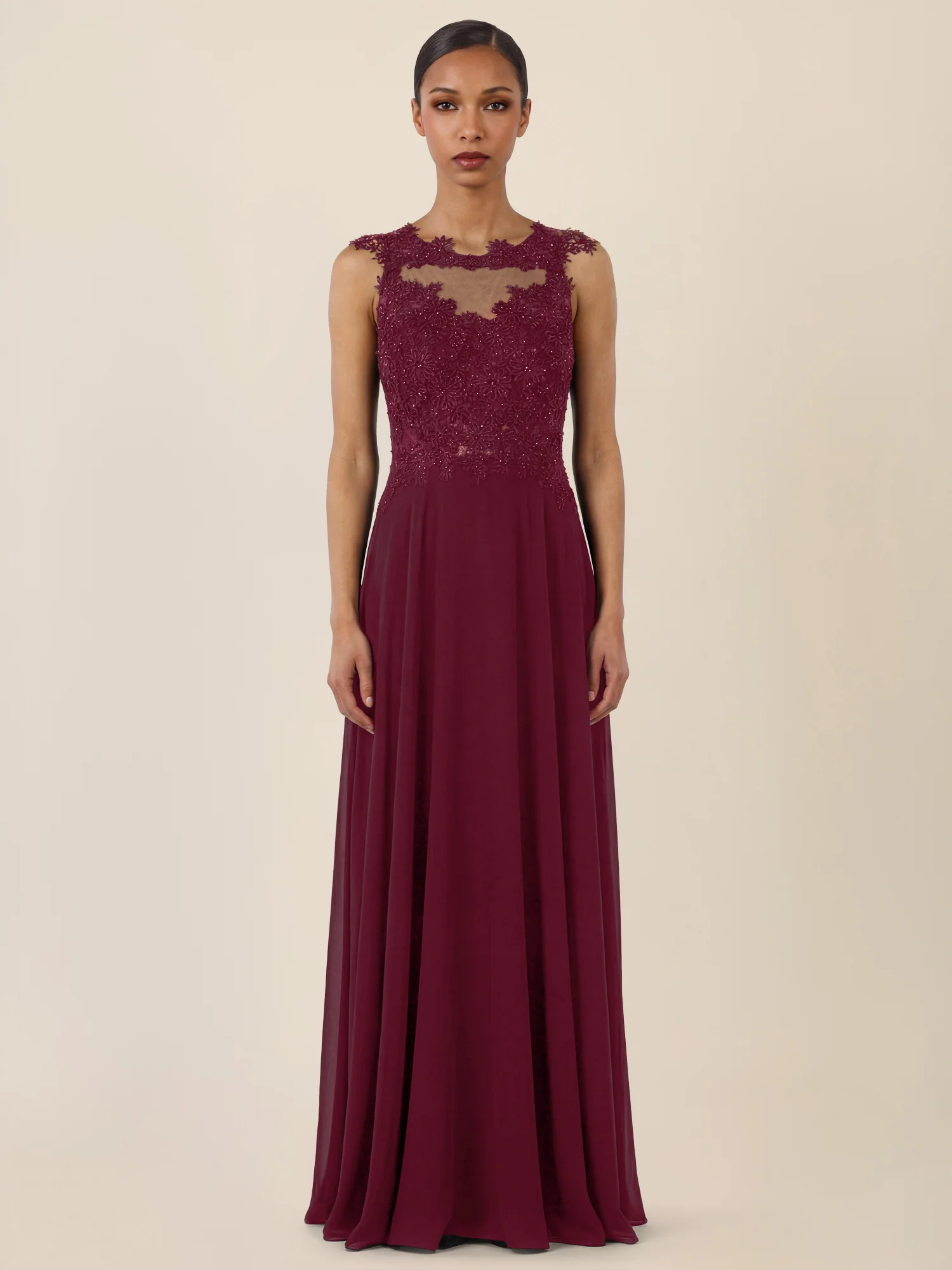 APART Abendkleid mit floraler Spitze und fließendem Rock | weinrot