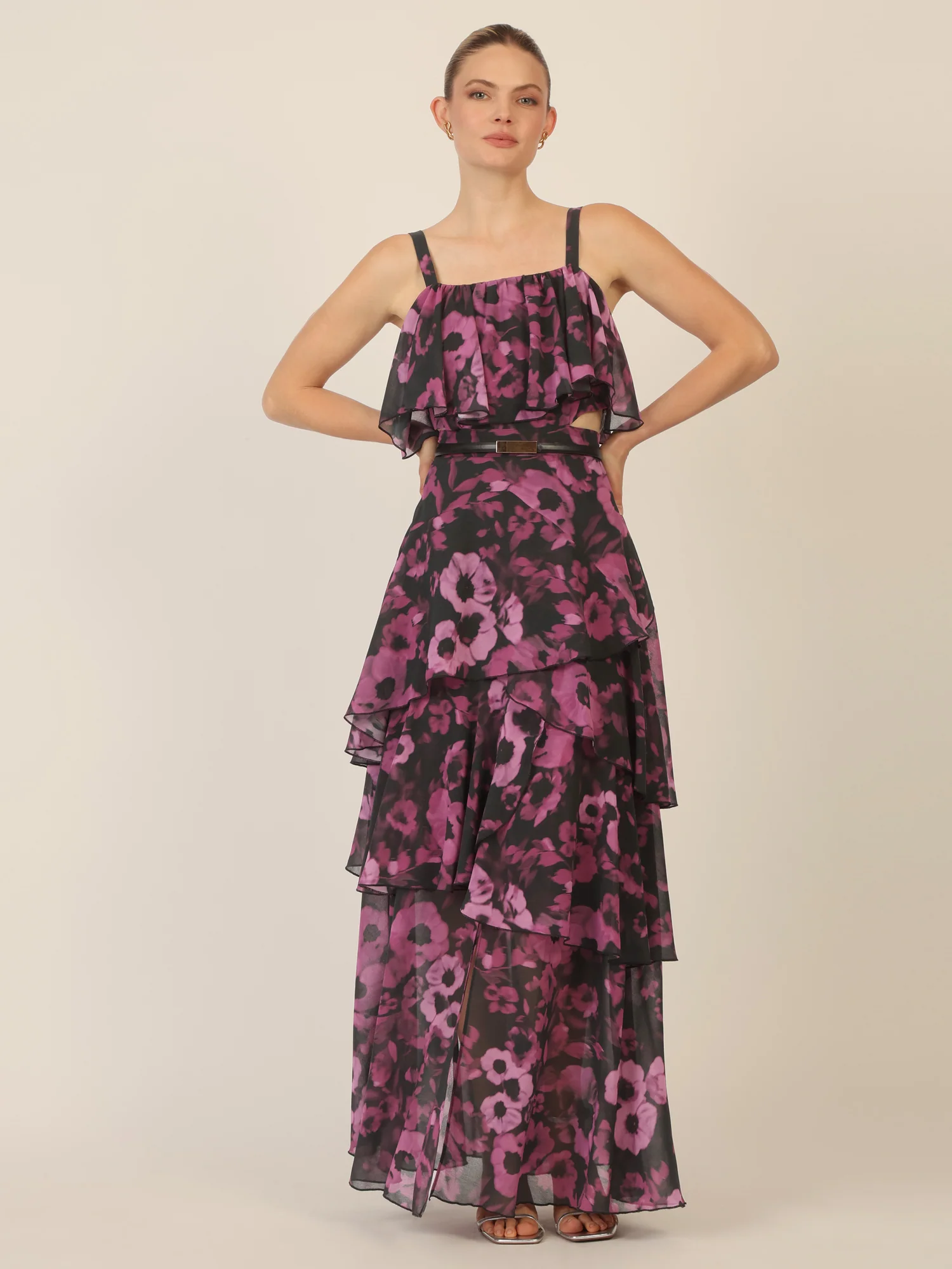 APART Chiffonkleid mit Volants und Metallic-Gürtel | schwarz-multicolor