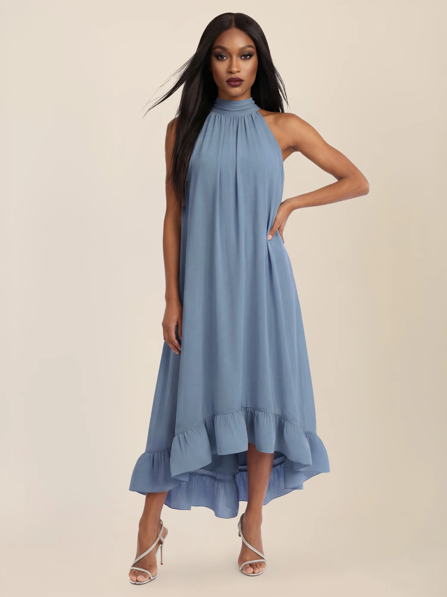 APART Elegantes Chiffonkleid mit Volantsaum | rauchblau