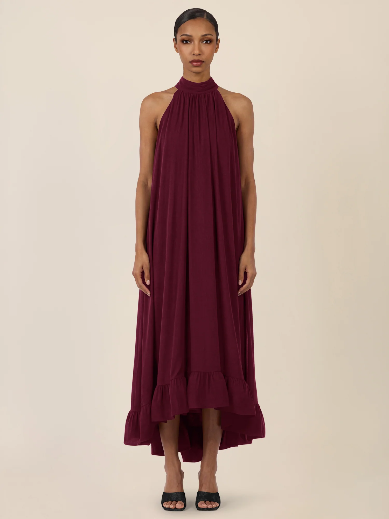 APART Elegantes Chiffonkleid mit Volantsaum | weinrot