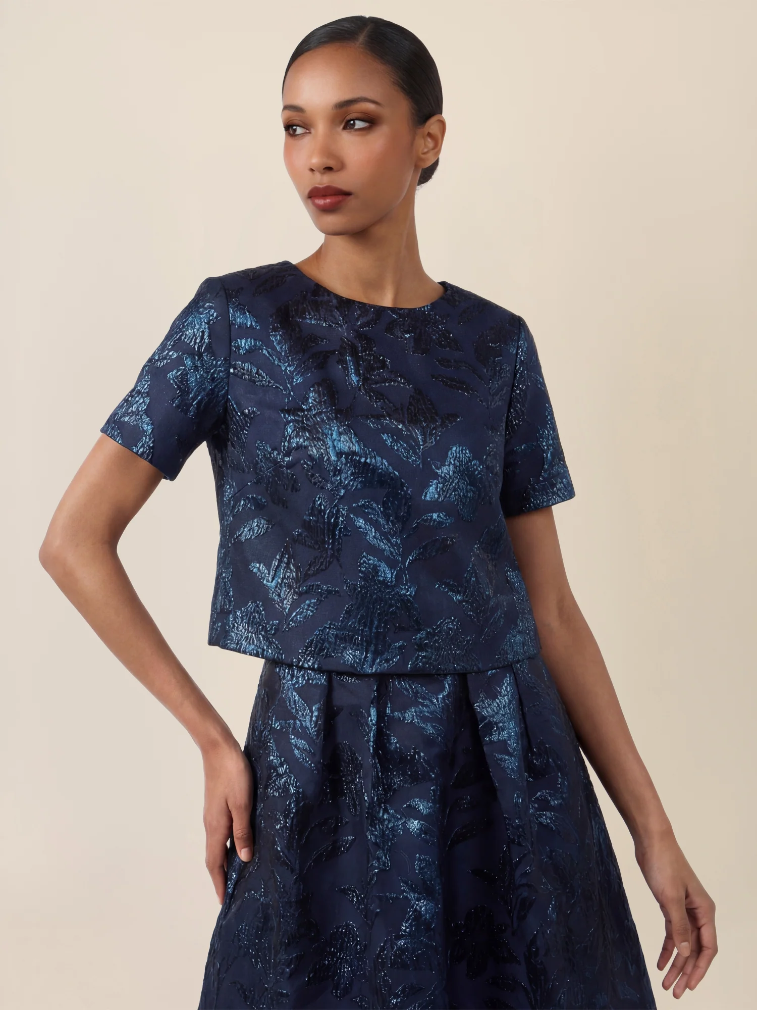 APART Jacquard-Top mit schimmerndem Strukturmotiv | nachtblau-metallic