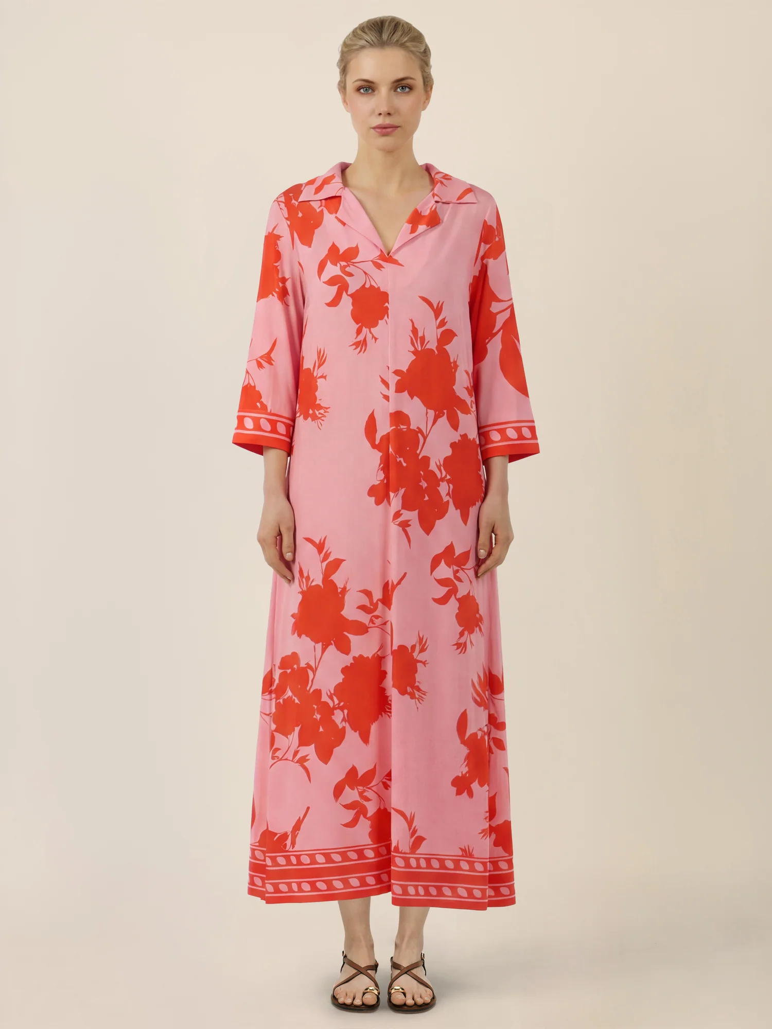 APART Kleid mit floralem Print und Stehkragen | pink-orange
