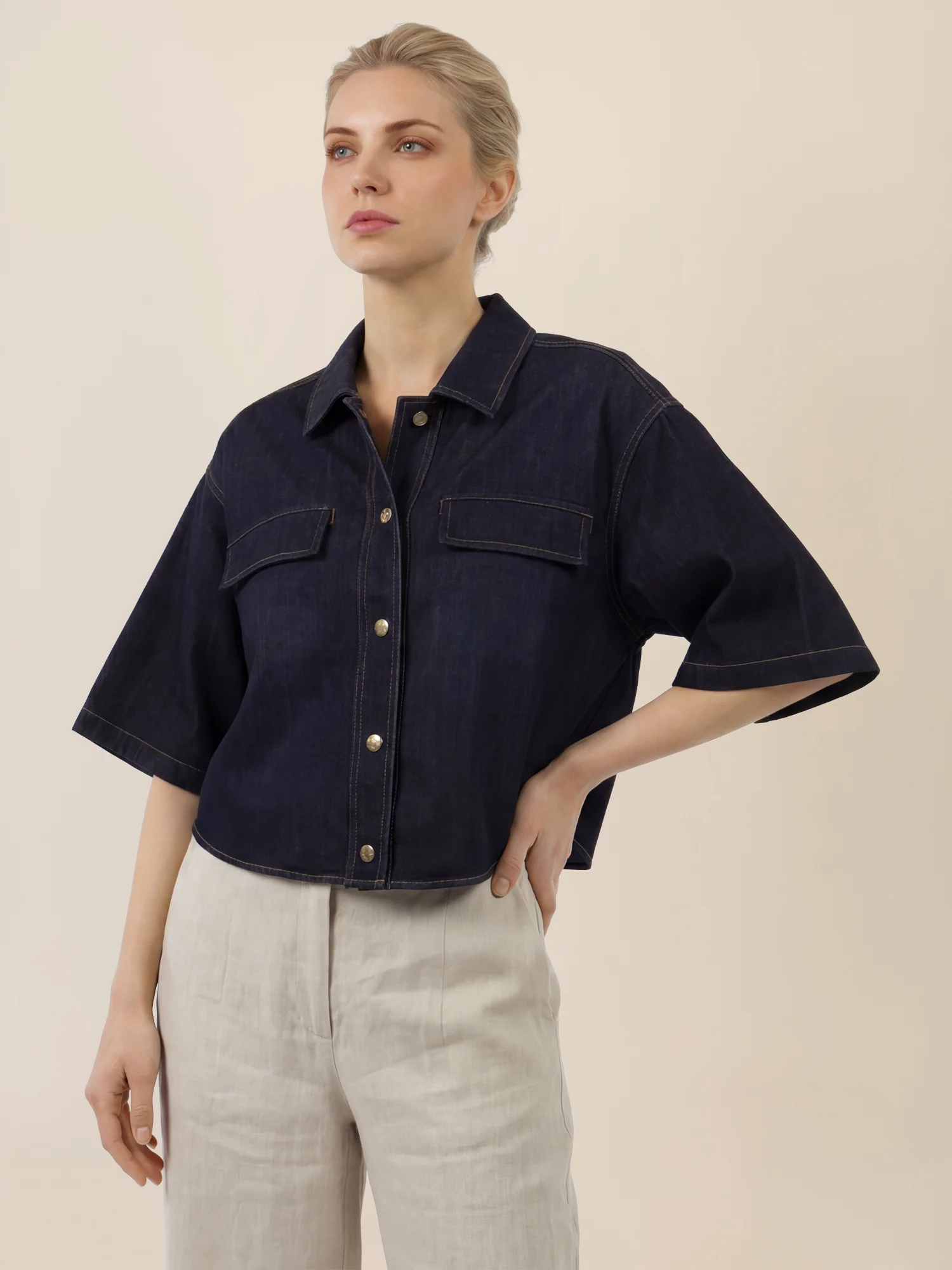 APART Kurzarm-Jeansjacke mit Druckknöpfen | dunkelblau