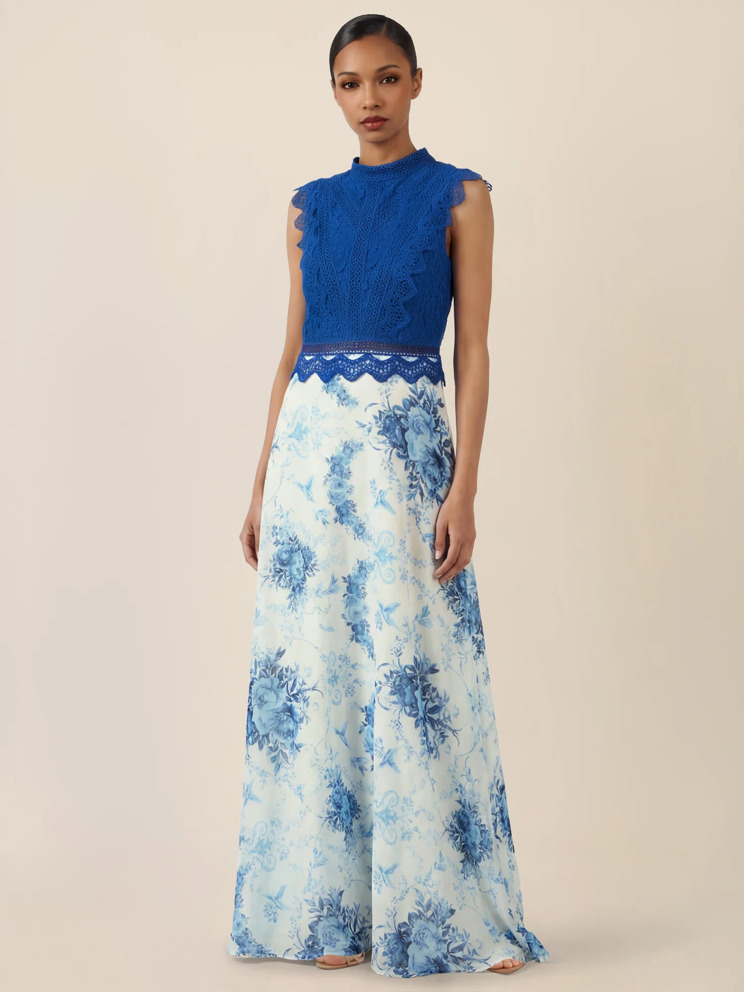 APART Langkleid mit Spitze und floralem Rock | royalblau-multicolor