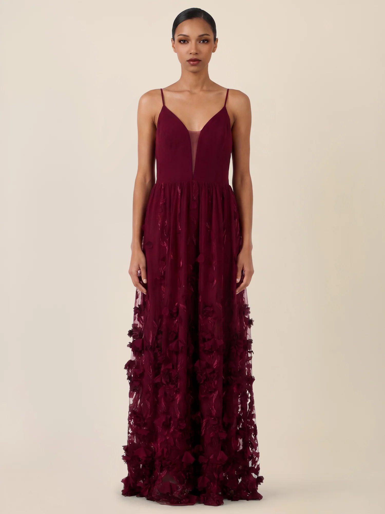 APART Maxikleid mit 3D-Blüten und Tüllrock | weinrot