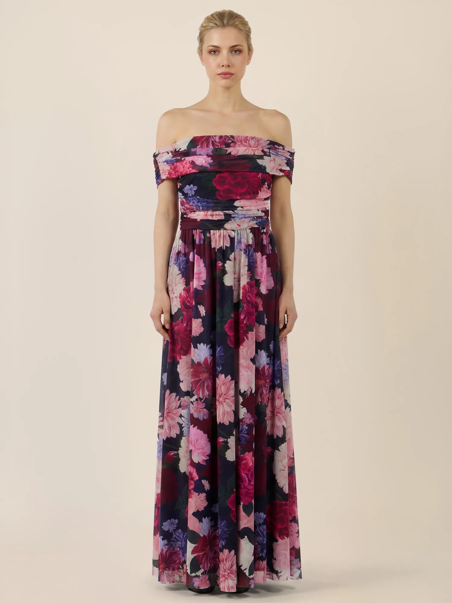 APART Schulterfreies Maxikleid mit floralem Print | weinrot-multicolor