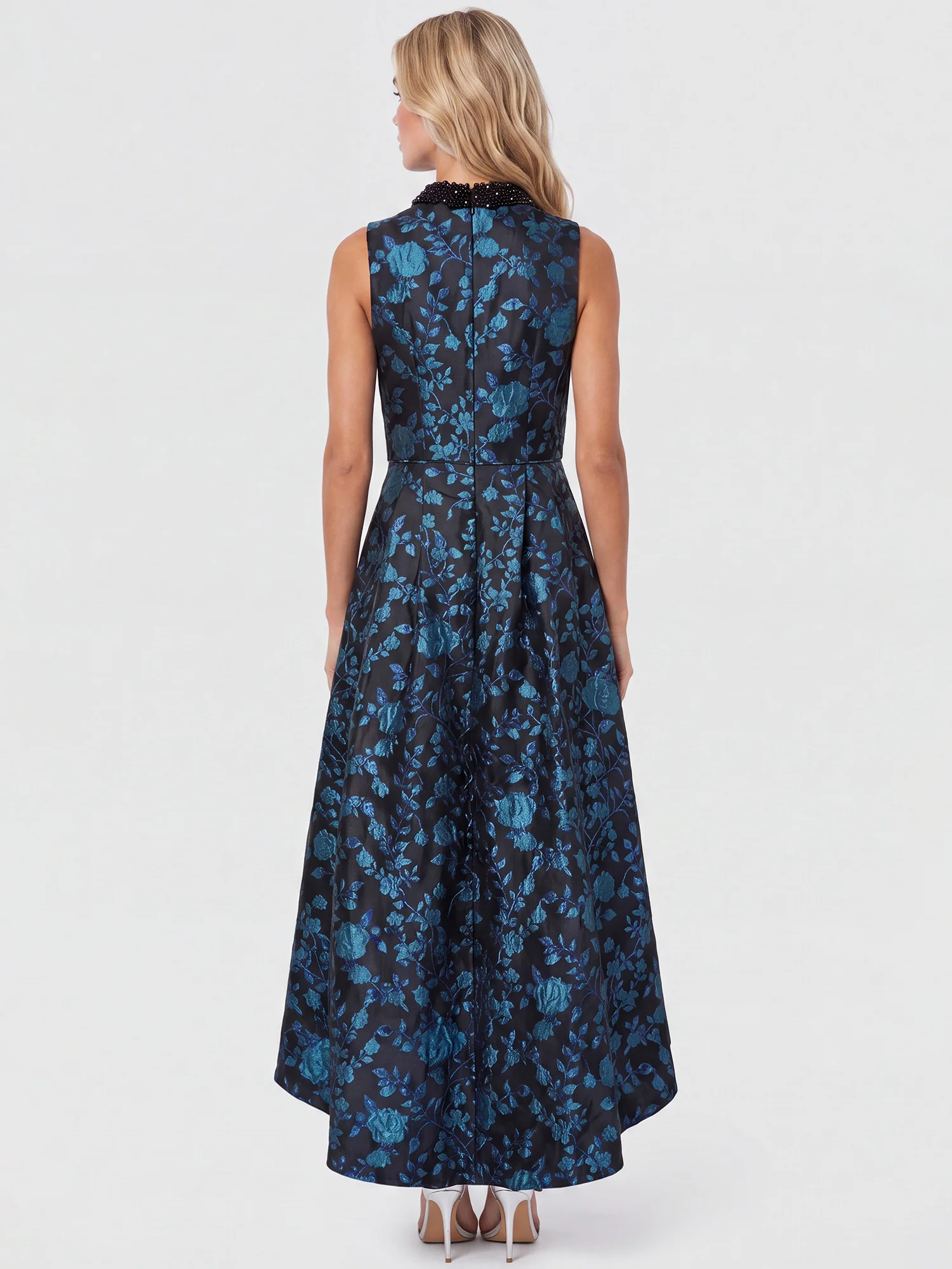 Ärmelloses Jacquard-Abendkleid mit Blüten- und Blättermuster | schwarz-petrol - Image 2