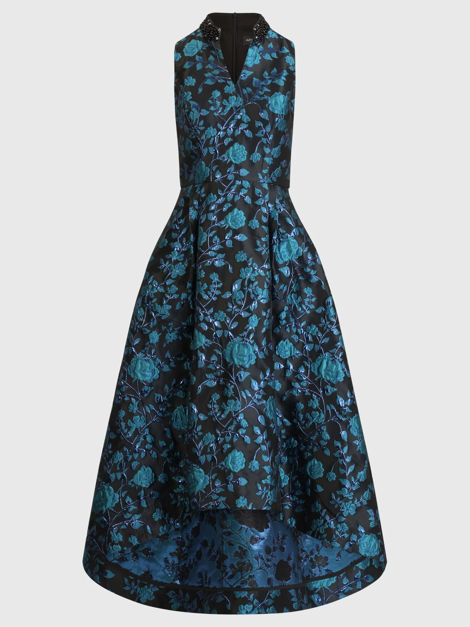 Ärmelloses Jacquard-Abendkleid mit Blüten- und Blättermuster | schwarz-petrol - Image 3