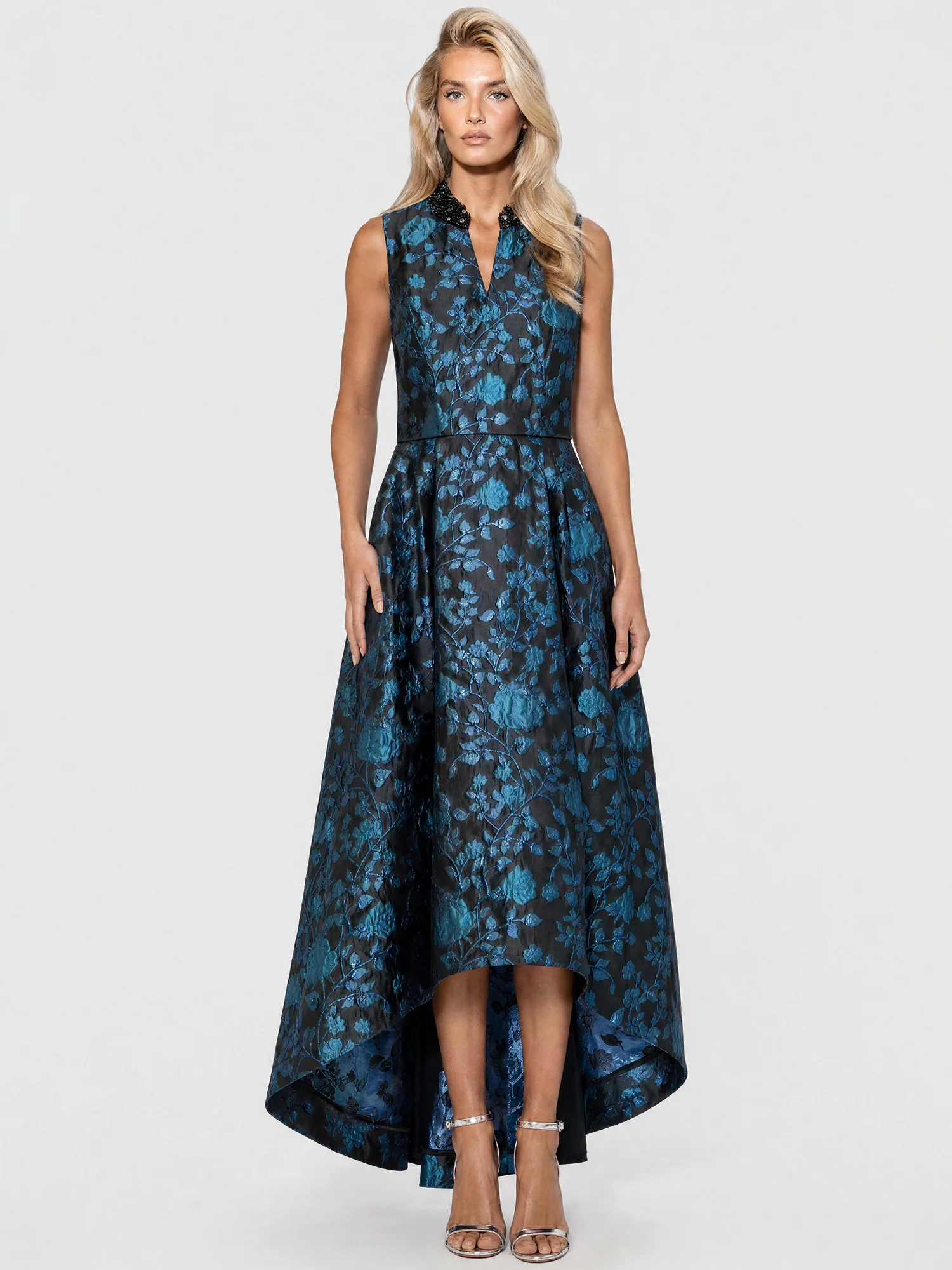 Ärmelloses Jacquard-Abendkleid mit Blüten- und Blättermuster | schwarz-petrol - Image 8