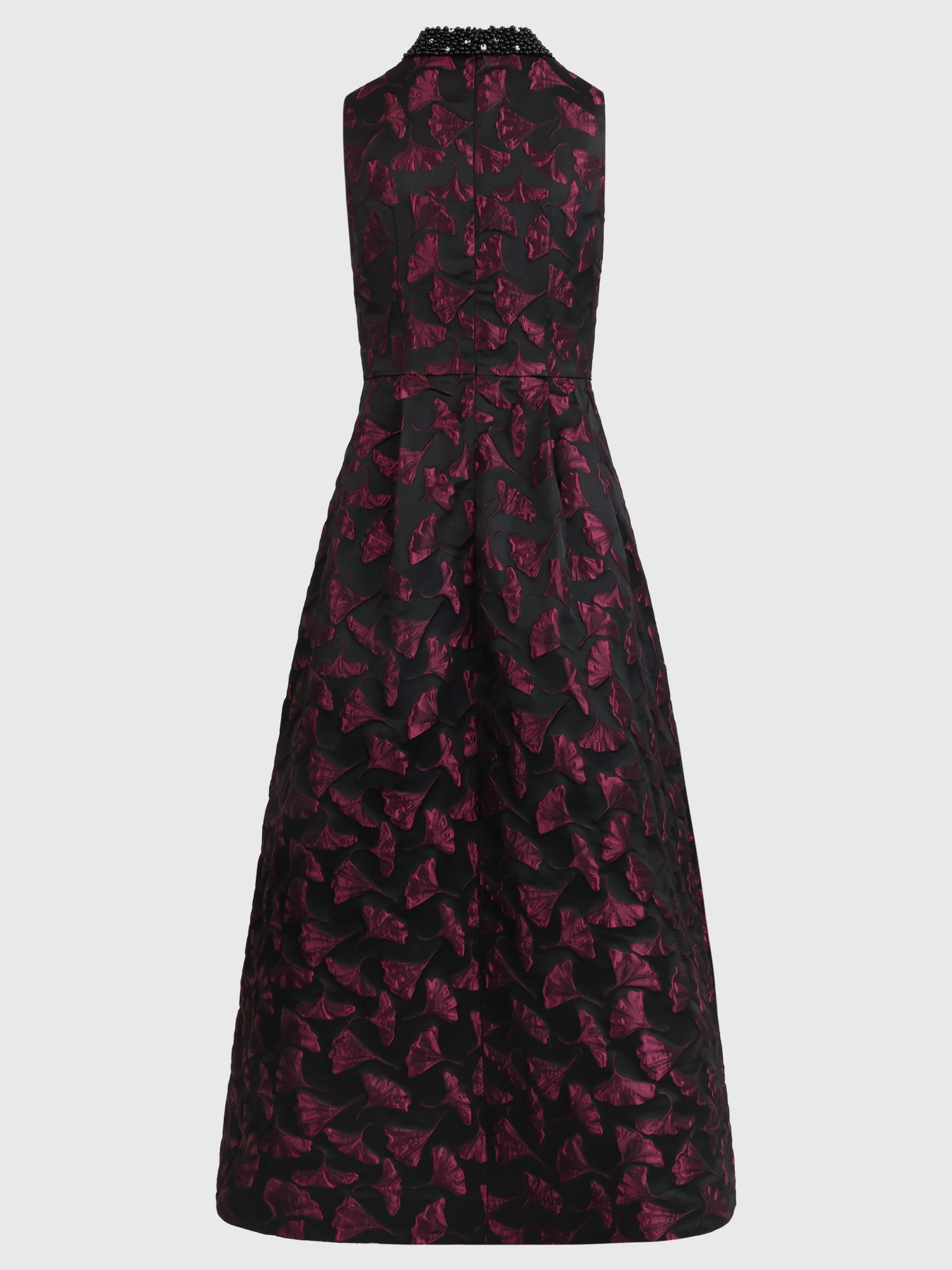 Ärmelloses Jacquard-Abendkleid mit Blüten- und Blättermuster | schwarz-weinrot - Image 4