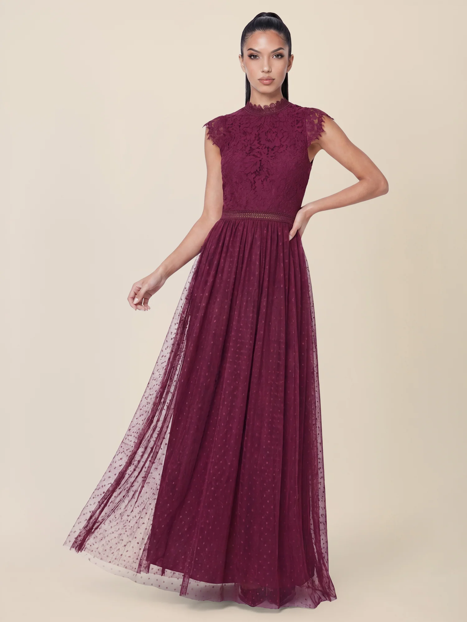 Kleid aus plastischer Spitze und weichem Tüll | weinrot - Image 5