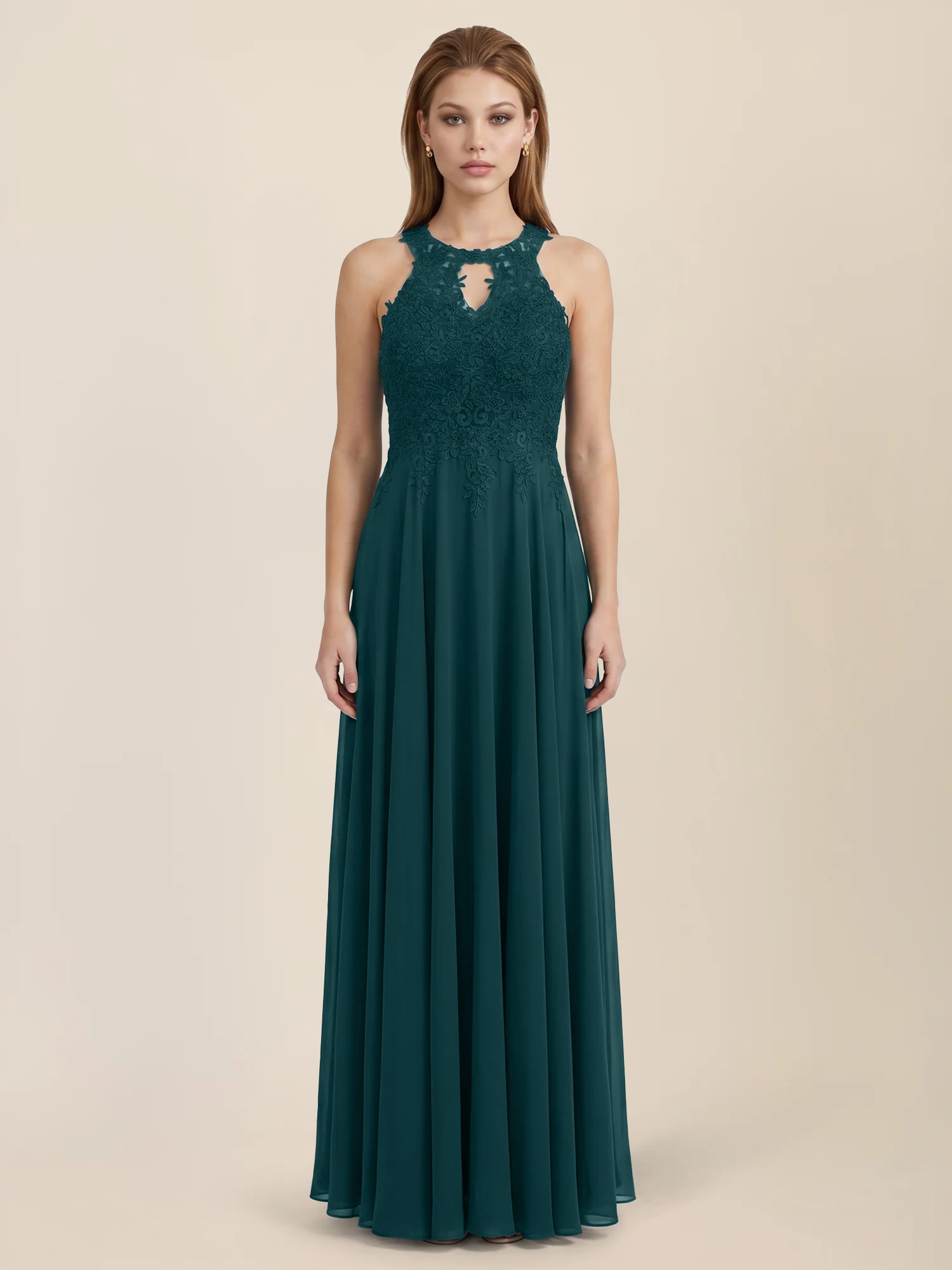 Kleid mit floraler Spitze und Chiffon | emerald