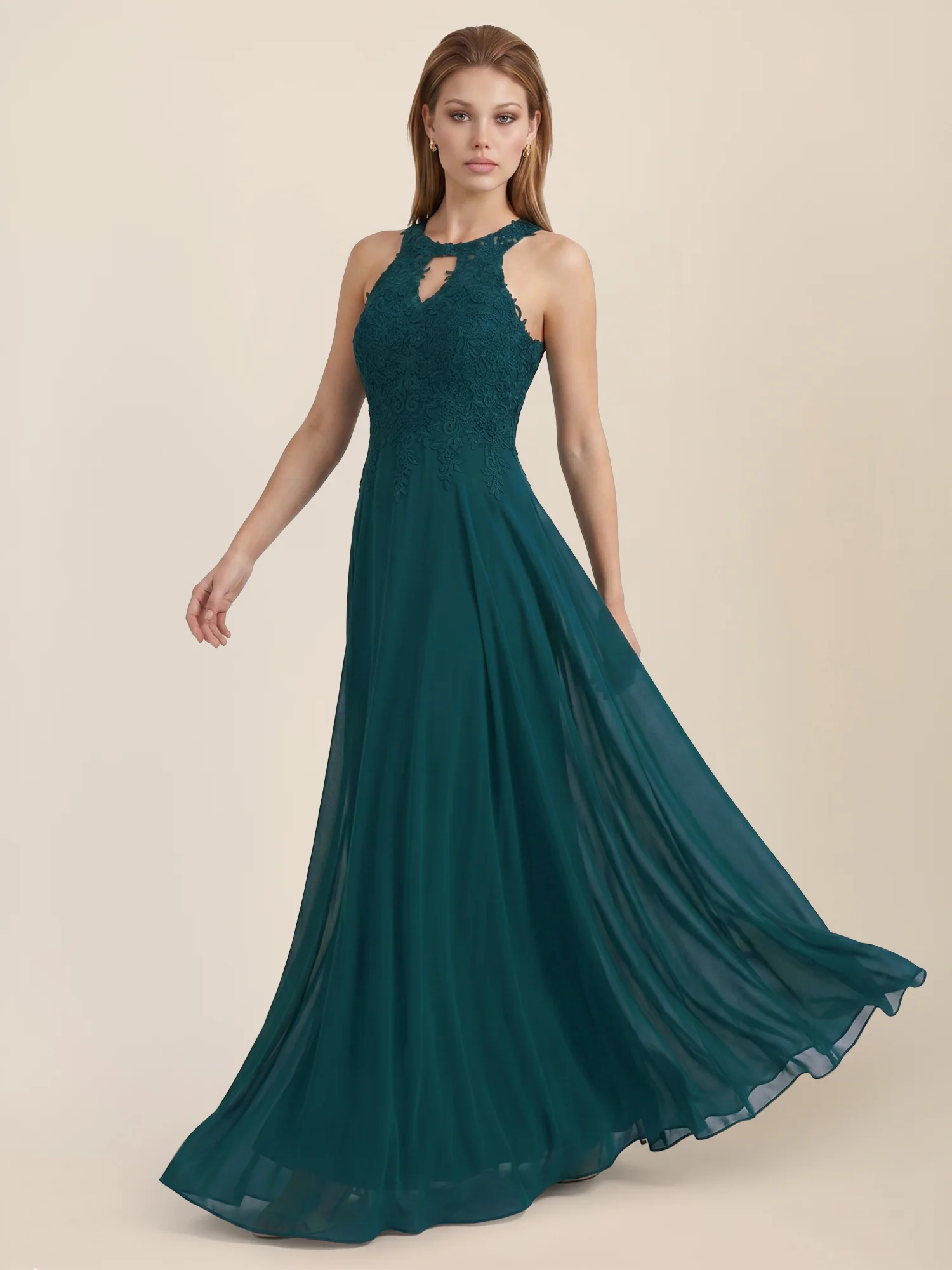 Kleid mit floraler Spitze und Chiffon | emerald - Image 5