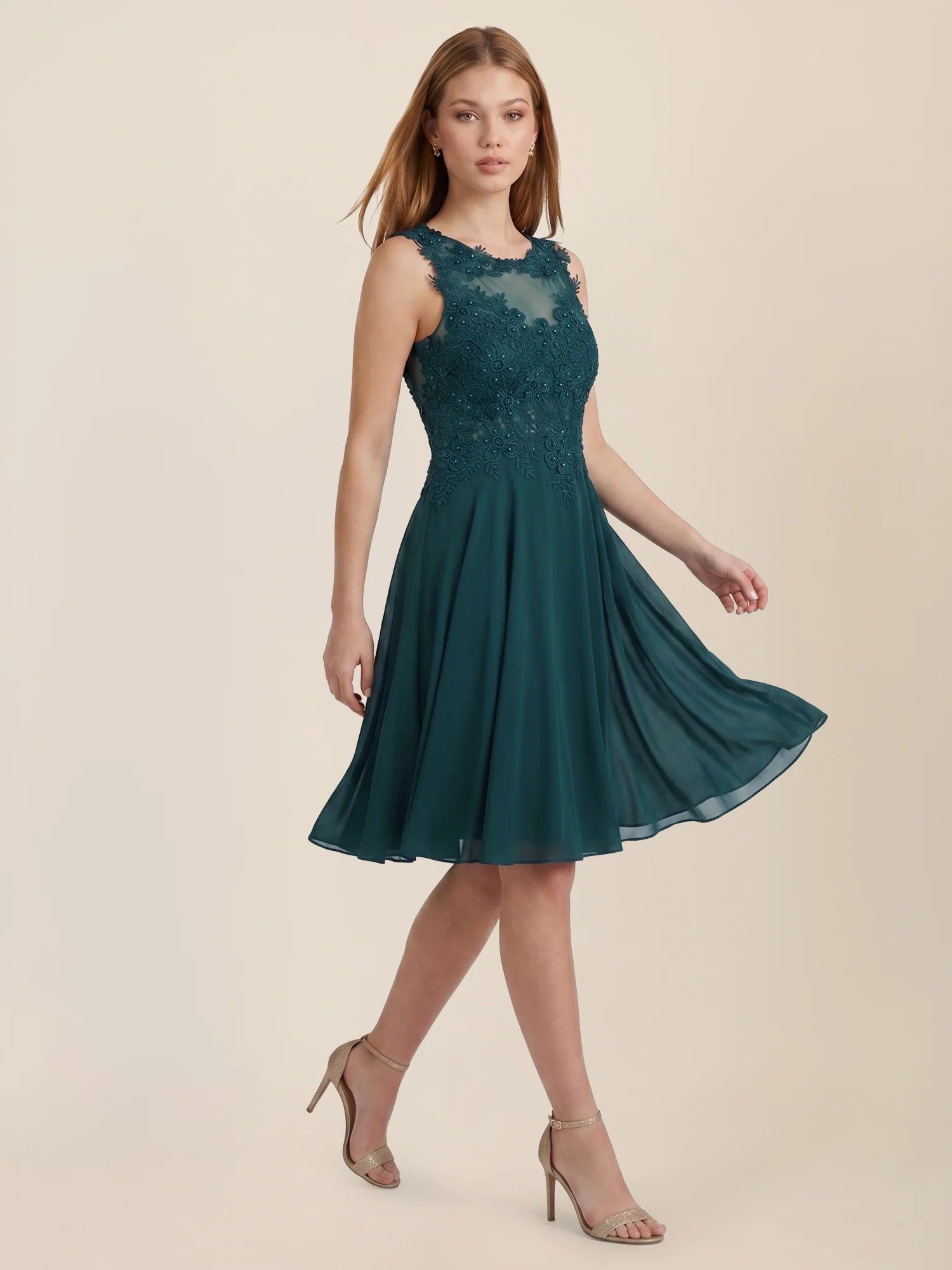 Kleid mit floraler Spitze und Chiffon | emerald - Image 5