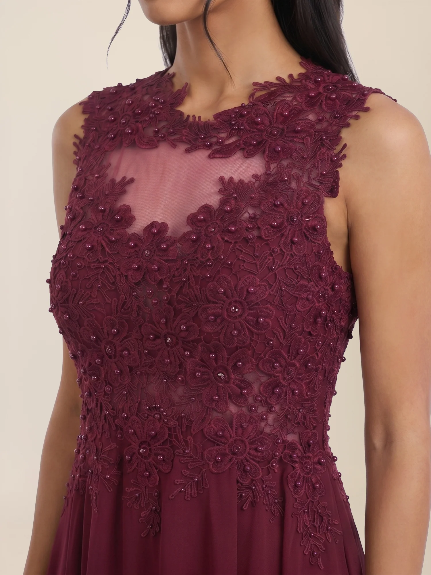 Kleid mit floraler Spitze und Chiffon | merlot - Image 5