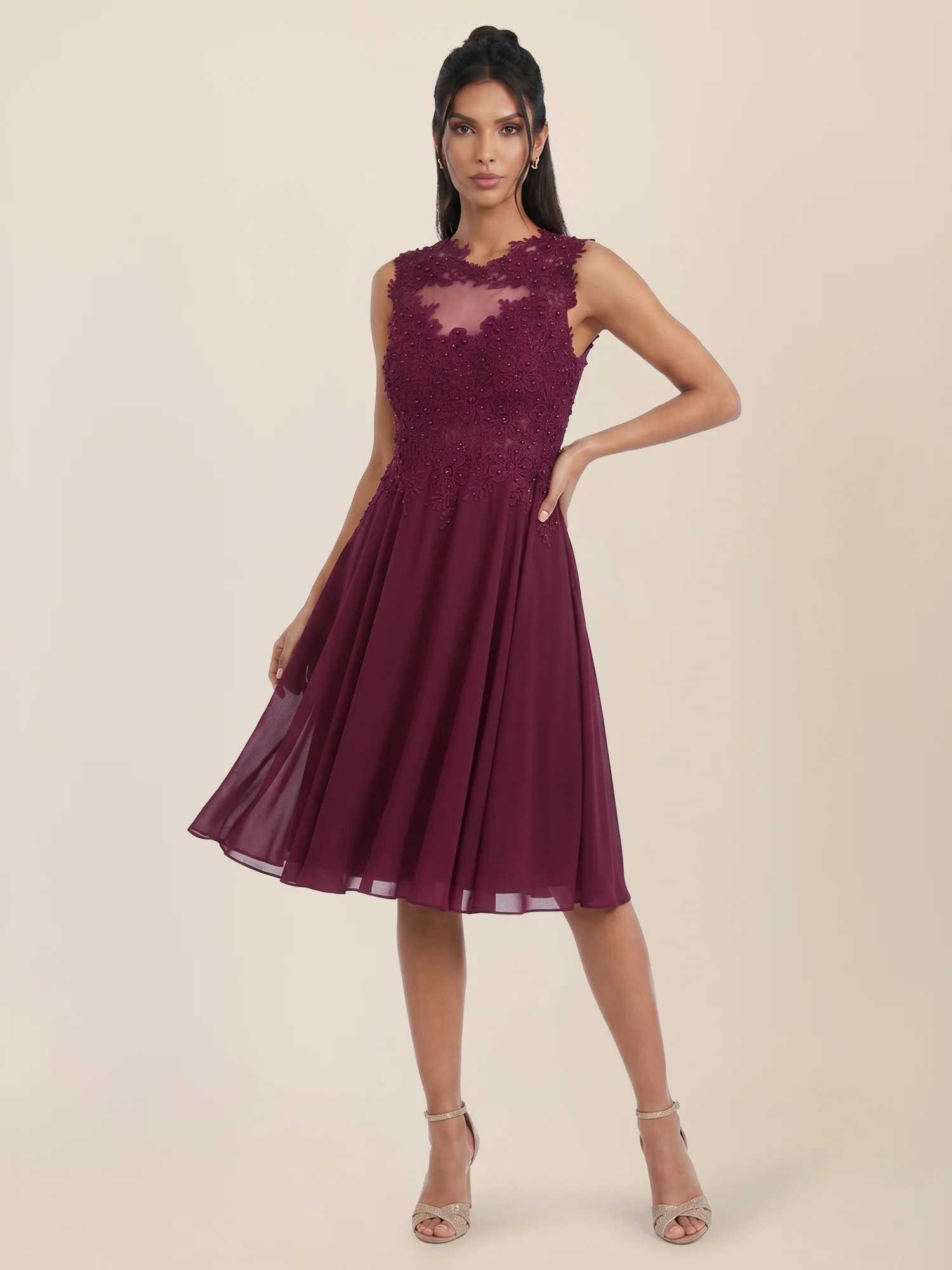 Kleid mit floraler Spitze und Chiffon | merlot - Image 6