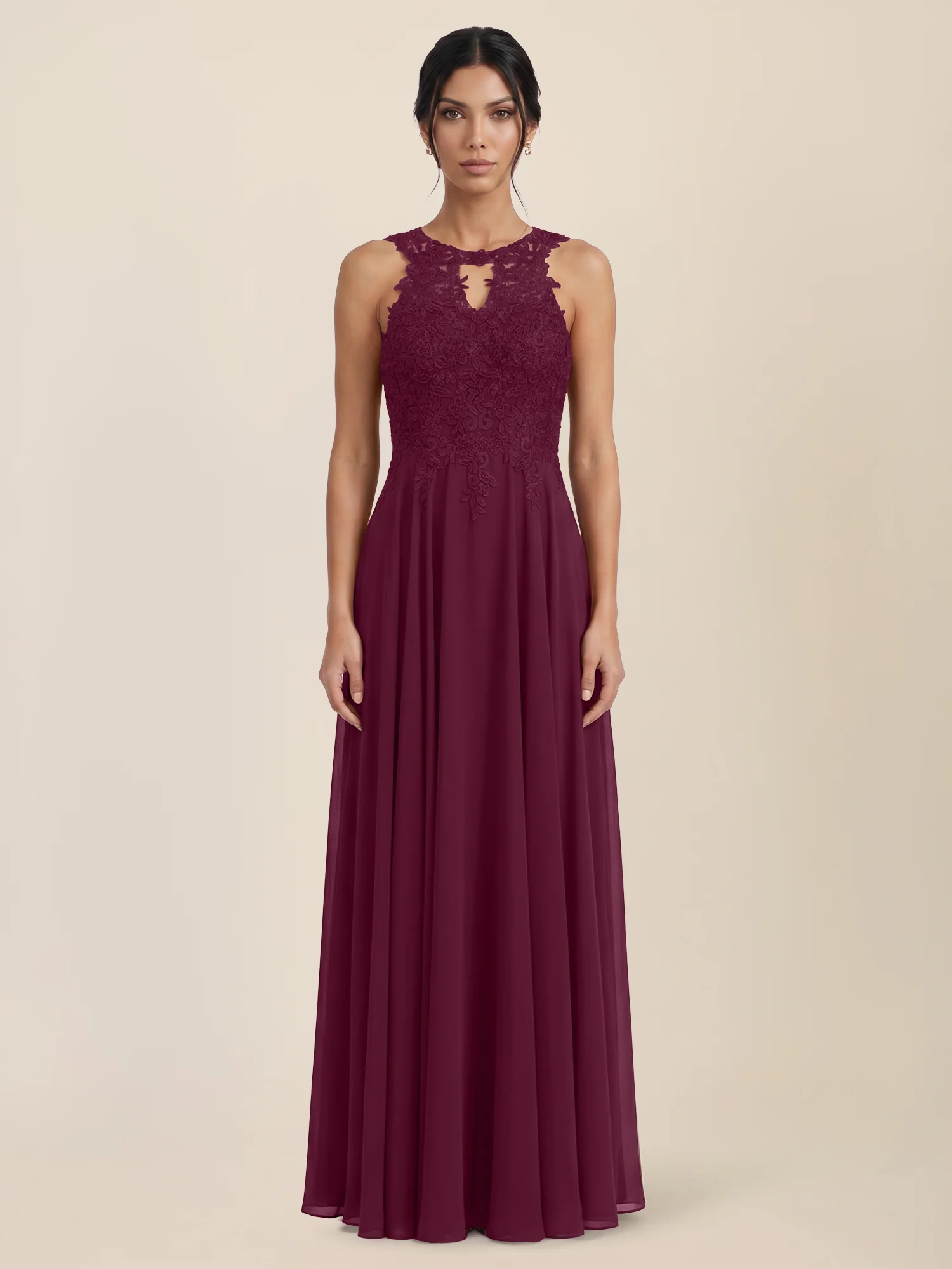Kleid mit floraler Spitze und Chiffon | merlot