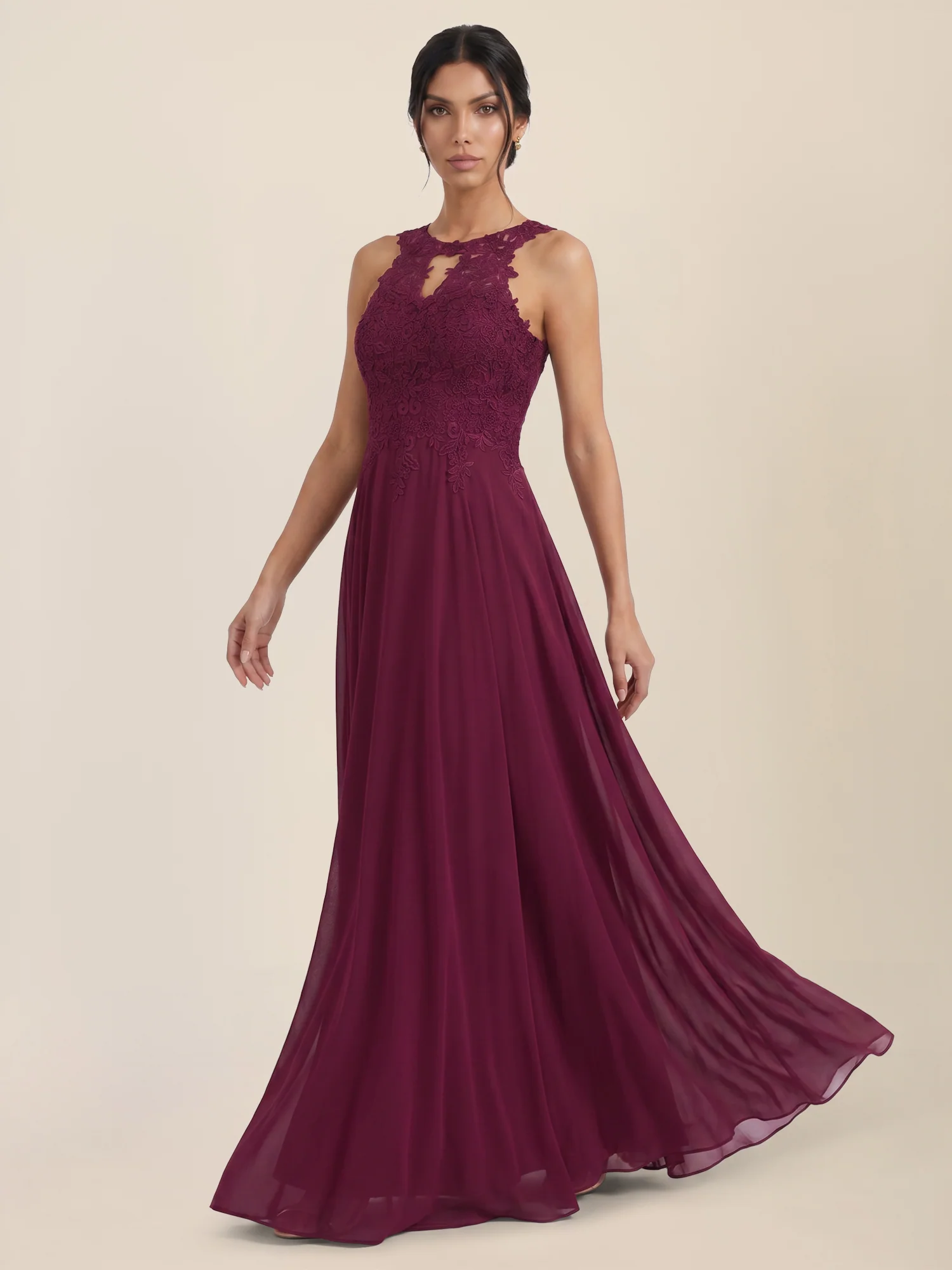 Kleid mit floraler Spitze und Chiffon | merlot - Image 5