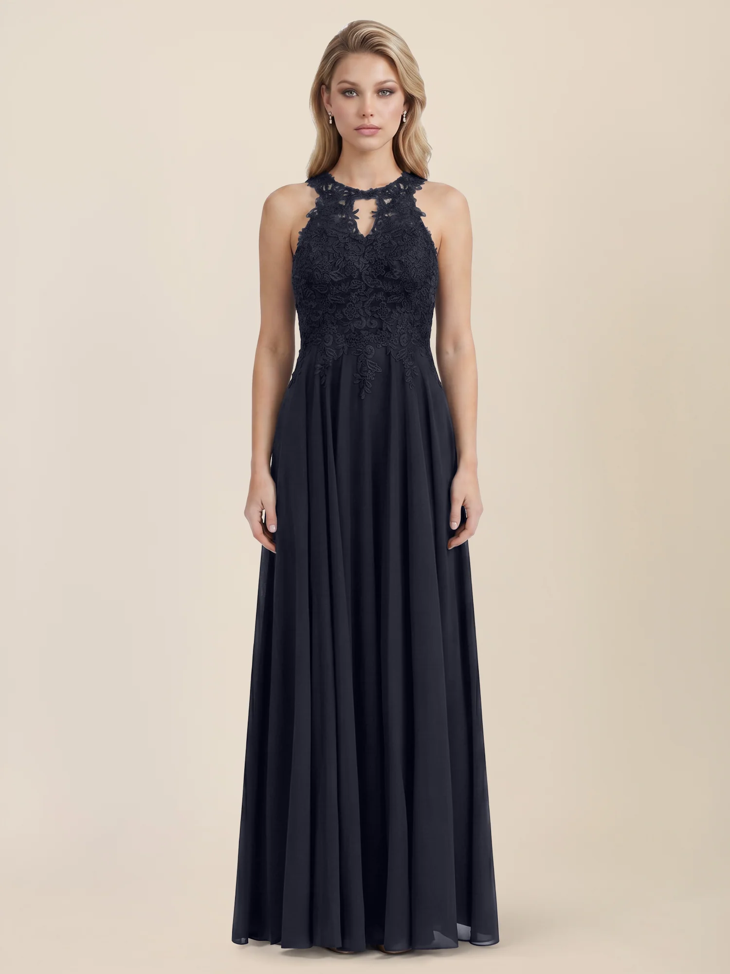 Kleid mit floraler Spitze und Chiffon | nachtblau
