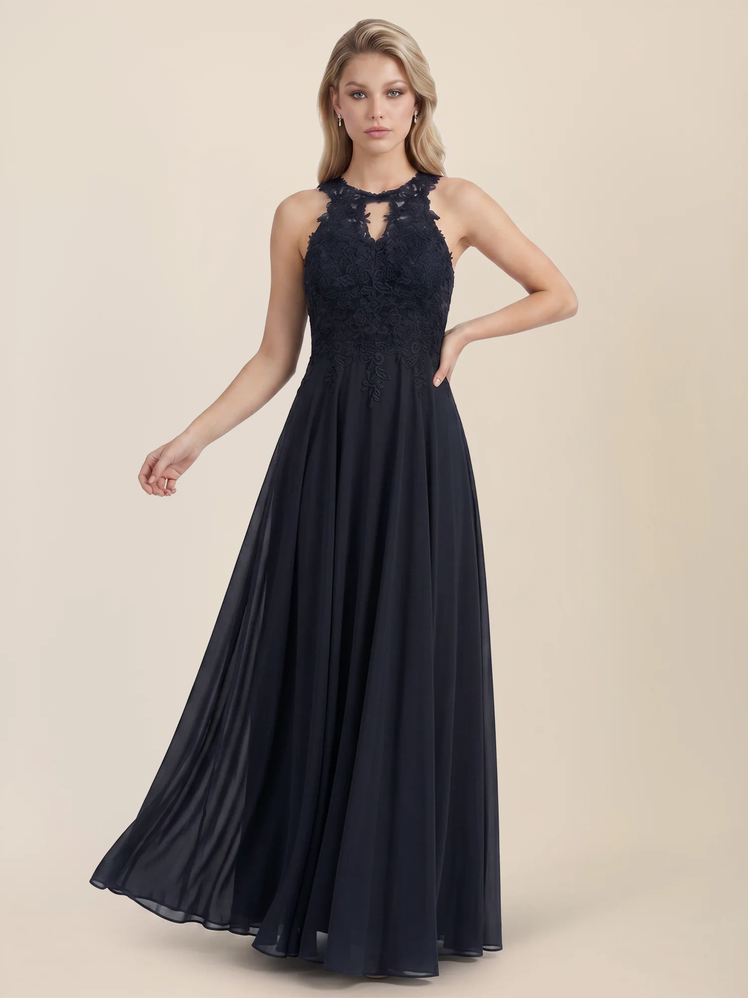 Kleid mit floraler Spitze und Chiffon | nachtblau - Image 5