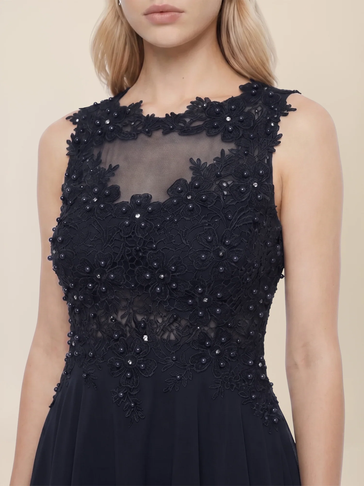 Kleid mit floraler Spitze und Chiffon | nachtblau - Image 5
