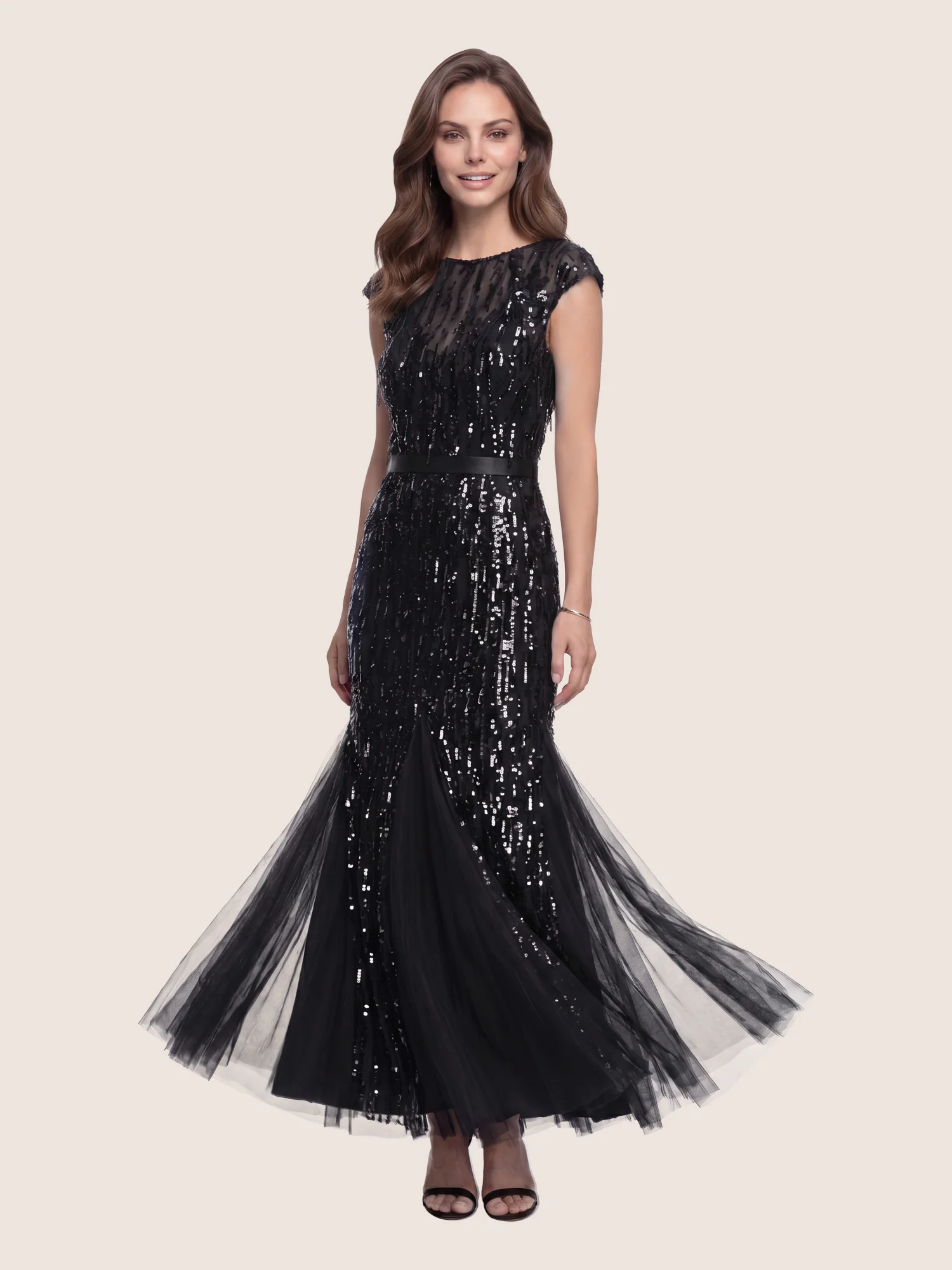 Kleid mit Paillettenstickerei und Tüll-Godets | schwarz - Image 5