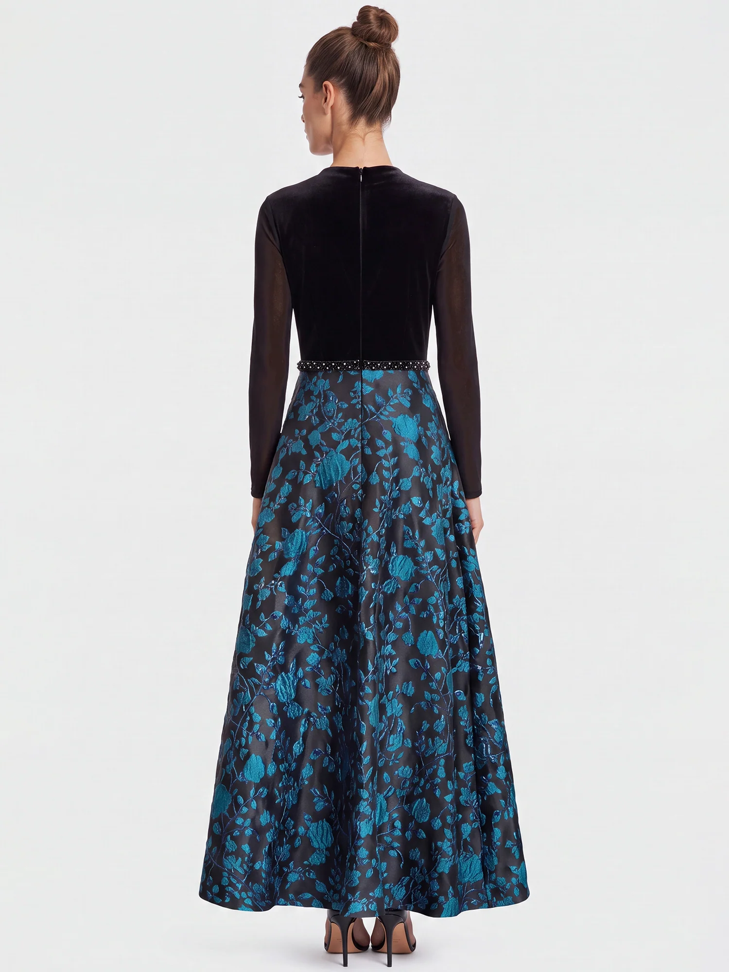 Langes Abendkleid aus Samt und Jacquard | schwarz-petrol - Image 2