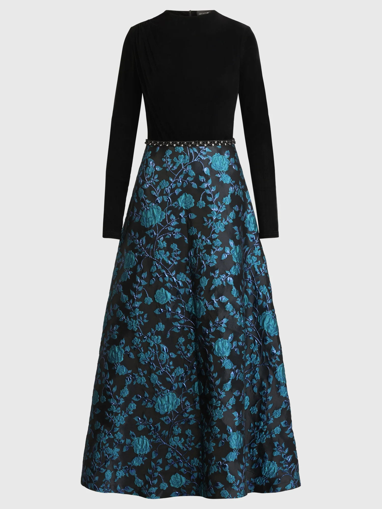 Langes Abendkleid aus Samt und Jacquard | schwarz-petrol - Image 3