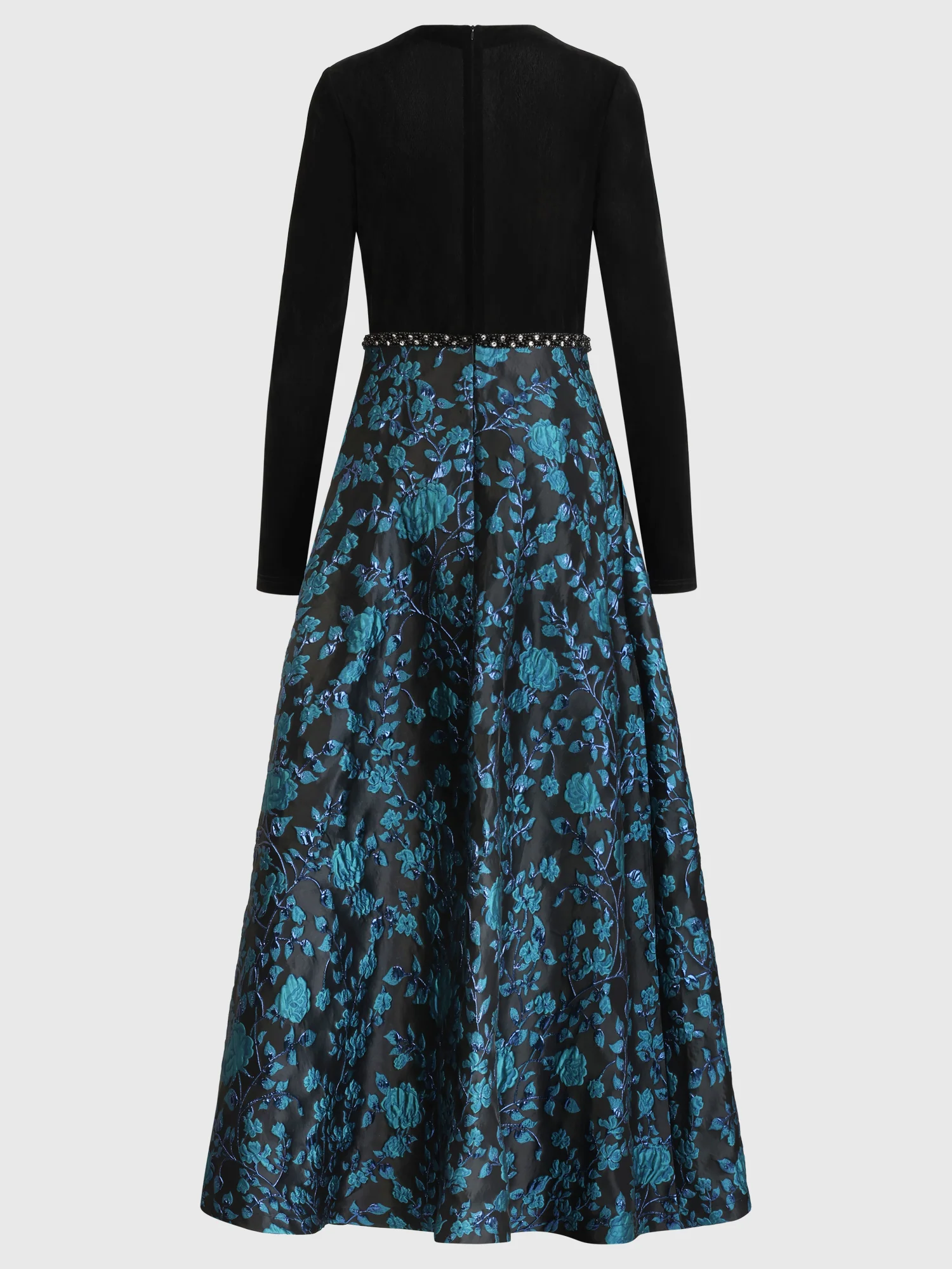 Langes Abendkleid aus Samt und Jacquard | schwarz-petrol - Image 4