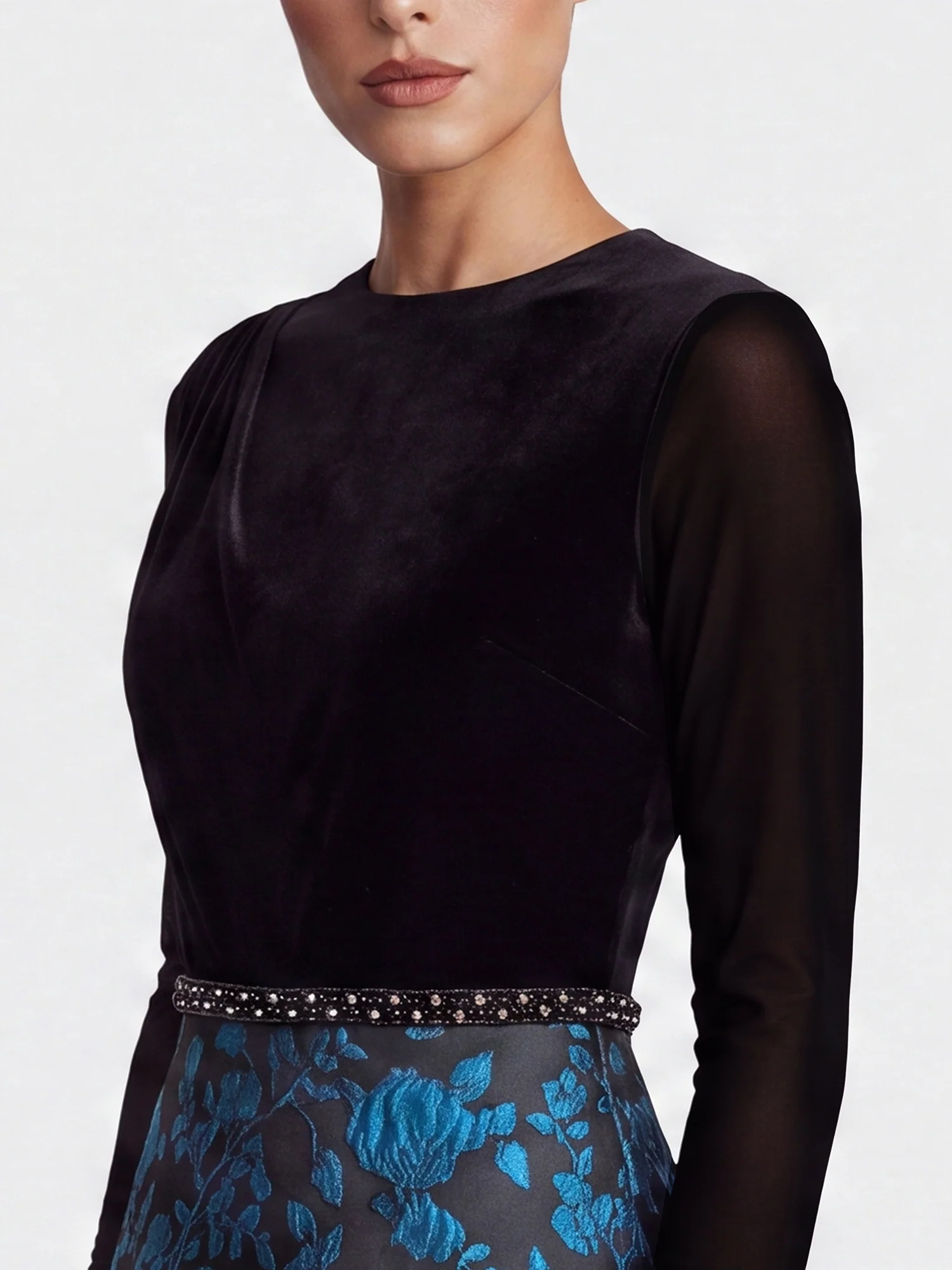 Langes Abendkleid aus Samt und Jacquard | schwarz-petrol - Image 7