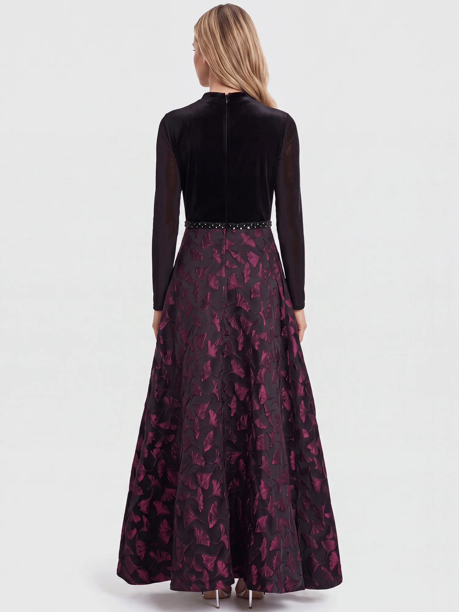 Langes Abendkleid aus Samt und Jacquard | schwarz-weinrot - Image 2