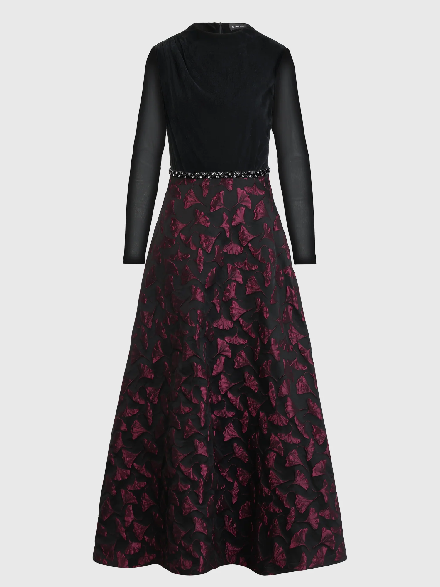 Langes Abendkleid aus Samt und Jacquard | schwarz-weinrot - Image 3