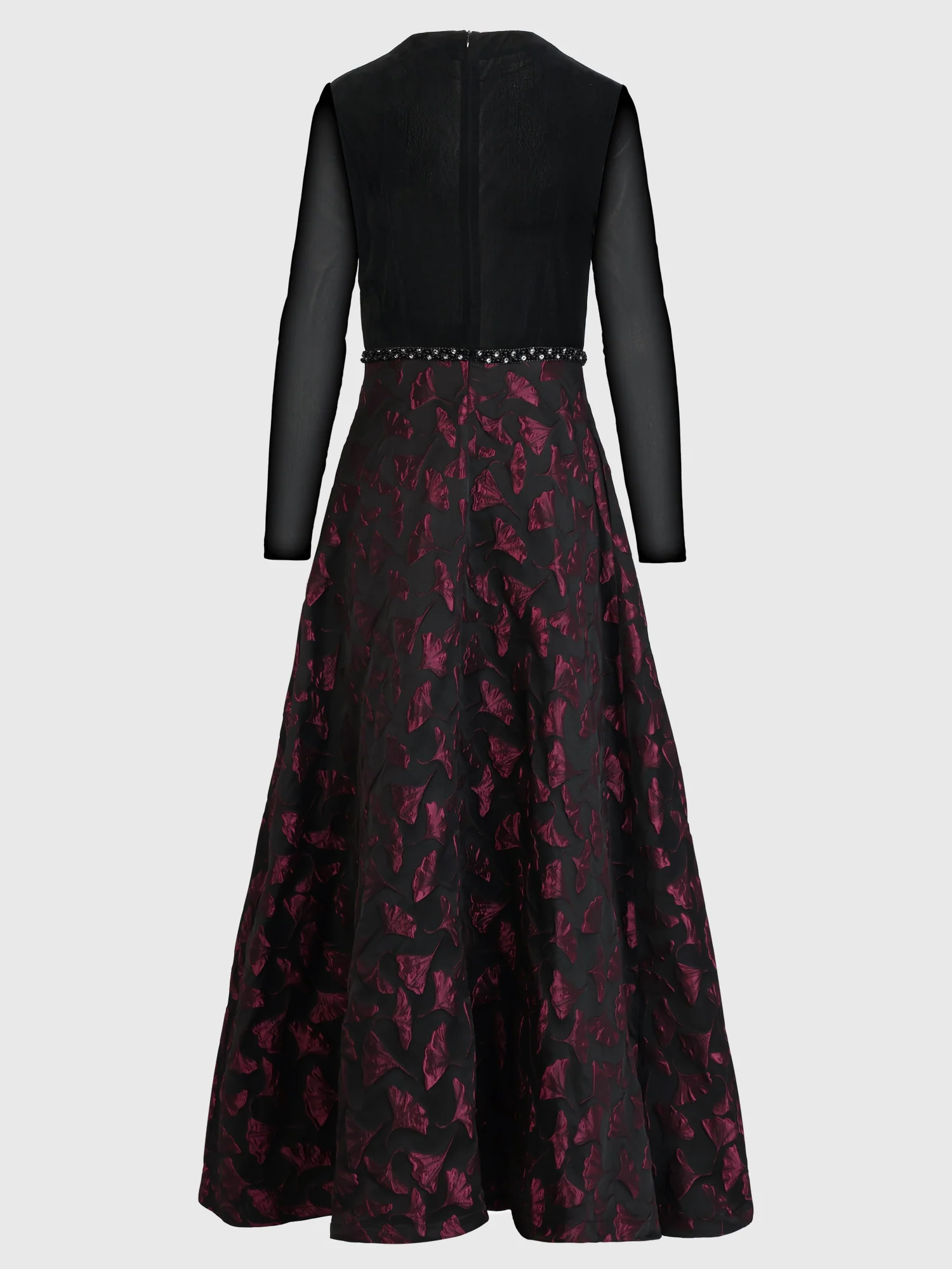 Langes Abendkleid aus Samt und Jacquard | schwarz-weinrot - Image 4