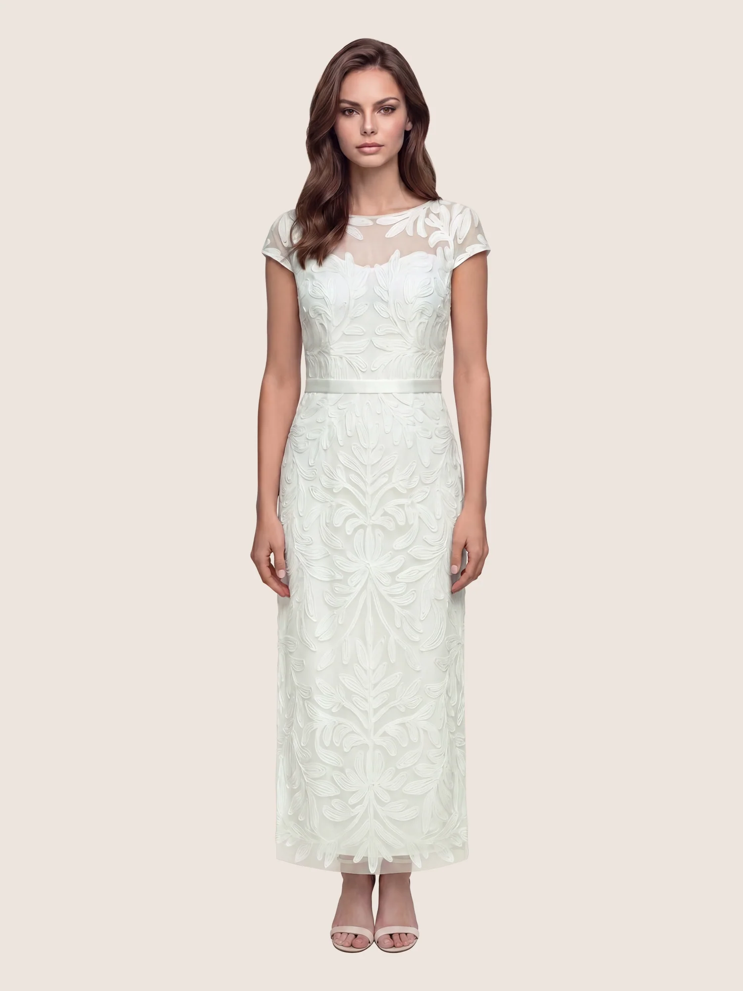 Meshkleid mit Stickerei und Satinband | creme